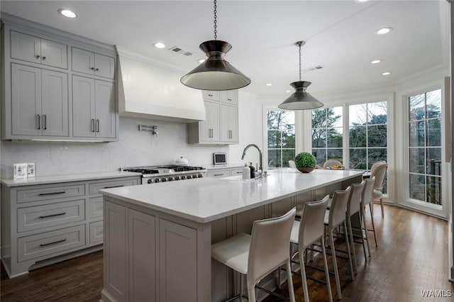 1901 Point Clear Rd, Tuscaloosa, AL 35406 - kitchen featuring gray cabinets, custom range hood, visible vents, a sink, and range