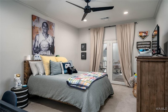 1901 Point Clear Rd, Tuscaloosa, AL 35406 - carpeted bedroom featuring access to exterior, visible vents, crown molding, and recessed lighting