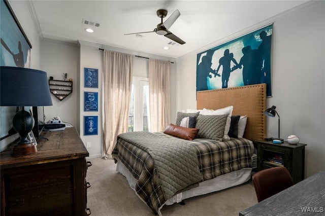 1901 Point Clear Rd, Tuscaloosa, AL 35406 - carpeted bedroom with ornamental molding, recessed lighting, visible vents, and a ceiling fan