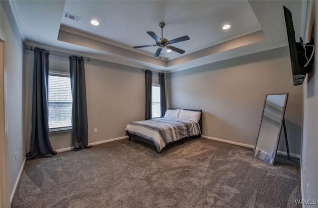 17818 Alecia Dr, Vance, AL 35490 - bedroom featuring a tray ceiling, carpet flooring, baseboards, recessed lighting, and a ceiling fan
