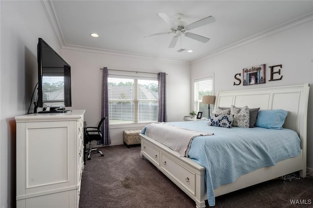 11210 Davis Pl, Northport, AL 35475 - bedroom featuring crown molding, dark colored carpet, ceiling fan, recessed lighting, and a desk