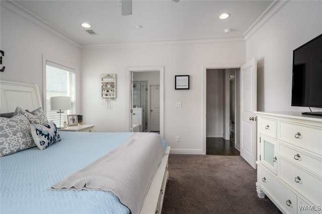 11210 Davis Pl, Northport, AL 35475 - bedroom with crown molding, dark carpet, recessed lighting, and a ceiling fan