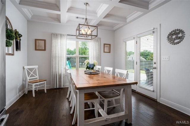 11210 Davis Pl, Northport, AL 35475 - dining space with plenty of natural light, dark wood-style flooring, beamed ceiling, a chandelier, and coffered ceiling