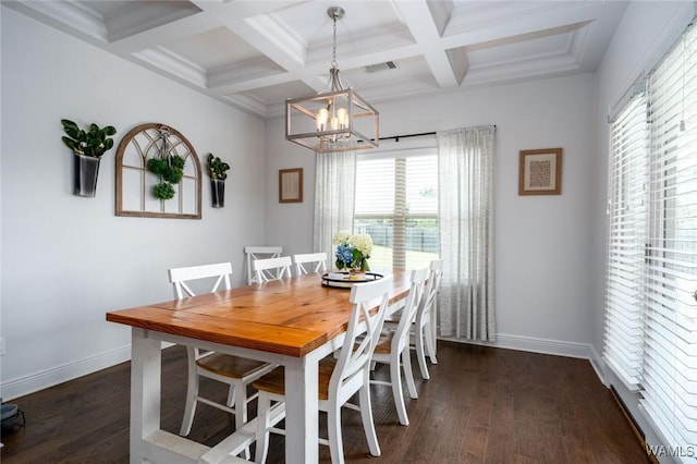 11210 Davis Pl, Northport, AL 35475 - dining space featuring beamed ceiling, dark wood-style flooring, coffered ceiling, and a chandelier