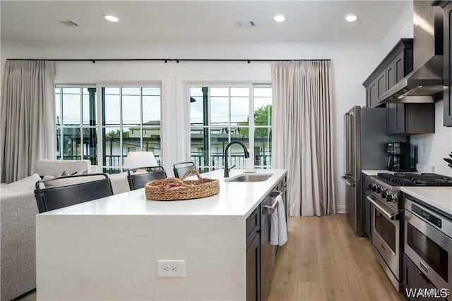 kitchen with light hardwood / wood-style flooring, appliances with stainless steel finishes, wall chimney exhaust hood, sink, and an island with sink