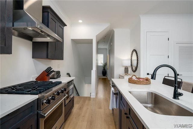 kitchen with crown molding, light hardwood / wood-style floors, appliances with stainless steel finishes, sink, and wall chimney exhaust hood