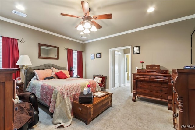 10035 Empress Blvd, Tuscaloosa, AL 35405 - bedroom with a ceiling fan, visible vents, light carpet, and ornamental molding