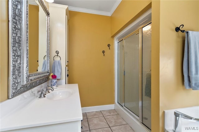 10035 Empress Blvd, Tuscaloosa, AL 35405 - full bathroom with vanity, tile patterned flooring, ornamental molding, and a shower stall