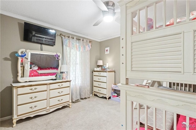 15551 Oakwood Dr, Brookwood, AL 35444 - bedroom with light carpet, crown molding, and a ceiling fan