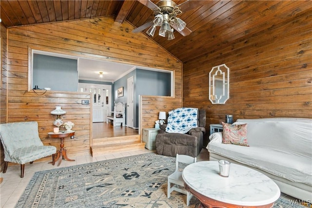 15551 Oakwood Dr, Brookwood, AL 35444 - living room with wooden walls, vaulted ceiling, wooden ceiling, and a ceiling fan