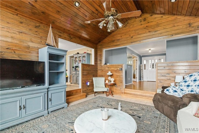 15551 Oakwood Dr, Brookwood, AL 35444 - living area featuring wood walls, wooden ceiling, ceiling fan, wood finished floors, and high vaulted ceiling