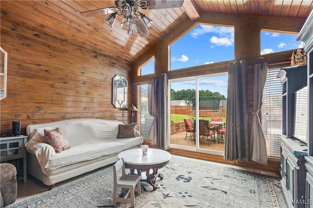 15551 Oakwood Dr, Brookwood, AL 35444 - living area featuring a wood ceiling with exposed beams, a ceiling fan, wooden walls, high vaulted ceiling, and wood finished floors