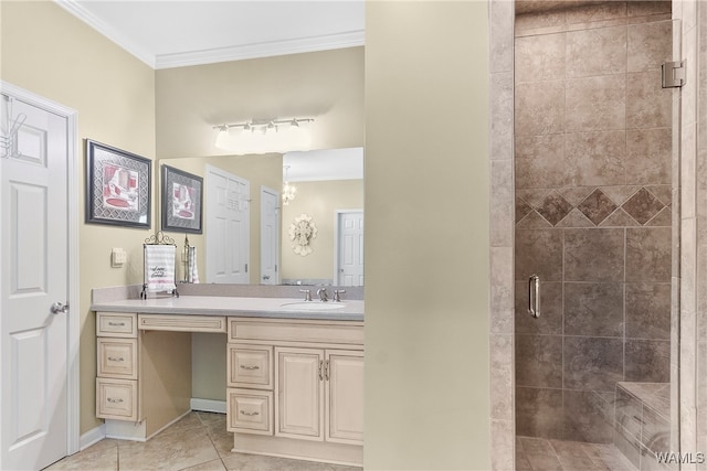 bathroom with tile patterned floors, vanity, an enclosed shower, and crown molding