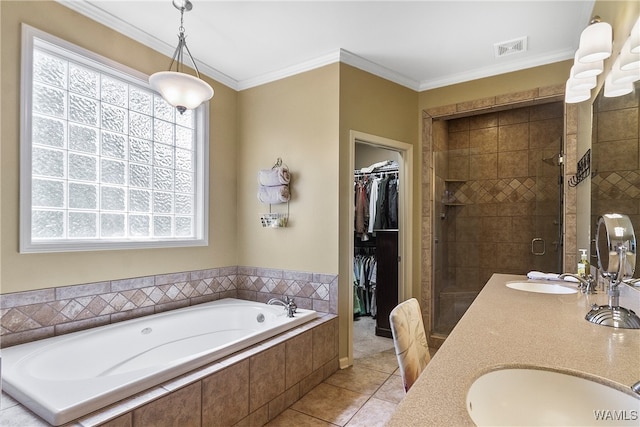 bathroom with a wealth of natural light, tile patterned flooring, plus walk in shower, and ornamental molding