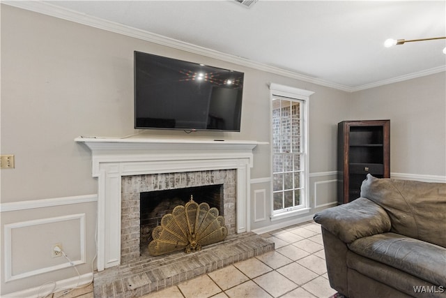 tiled living room featuring a brick fireplace and crown molding