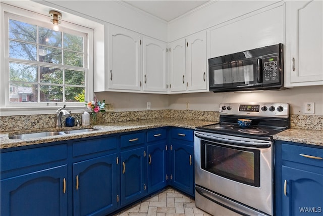 kitchen with electric range, crown molding, blue cabinetry, and sink