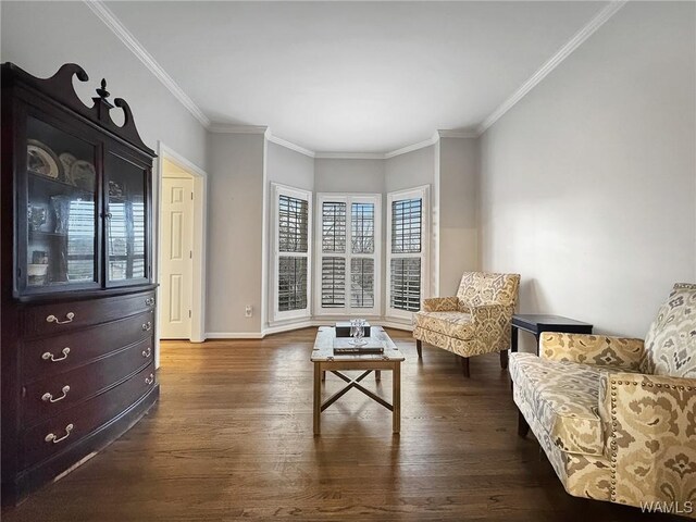 1851 Russet Woods Ln, Hoover, AL 35244 - living area featuring dark wood finished floors, ornamental molding, and baseboards