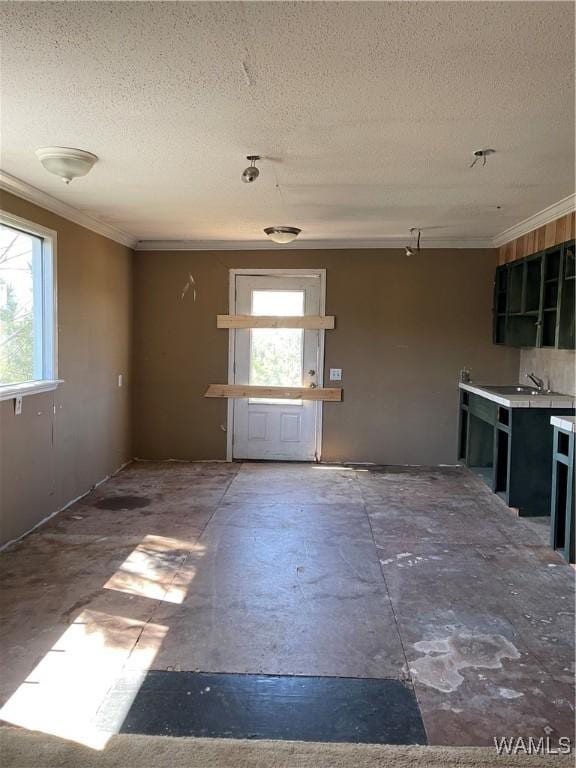 interior space featuring a sink, ornamental molding, and a textured ceiling