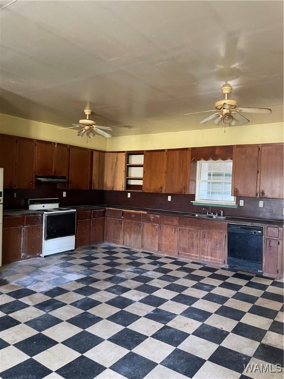 kitchen featuring dark countertops, white electric stove, ceiling fan, black dishwasher, and light floors