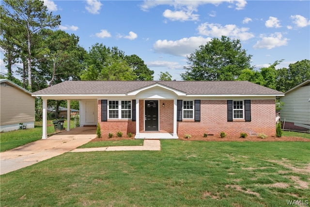 ranch-style house with a front yard and a carport