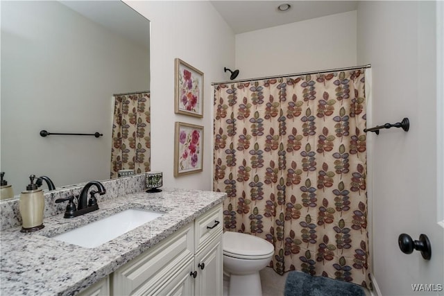 full bathroom with toilet, a shower with curtain, and vanity