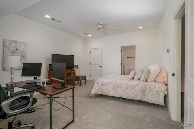 carpeted bedroom with ceiling fan, baseboards, visible vents, and recessed lighting