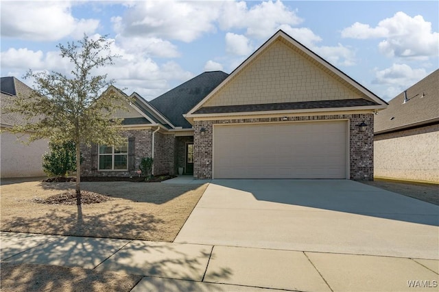 craftsman-style house with driveway, a garage, and brick siding