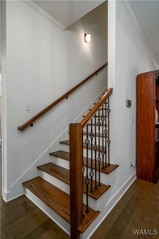 staircase featuring baseboards, ornamental molding, and wood finished floors