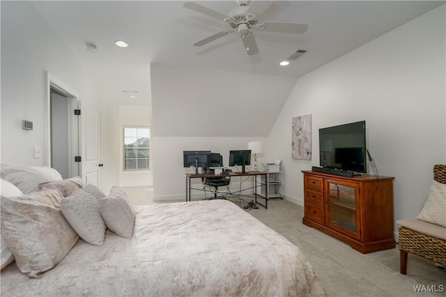 bedroom featuring recessed lighting, visible vents, light carpet, vaulted ceiling, and baseboards