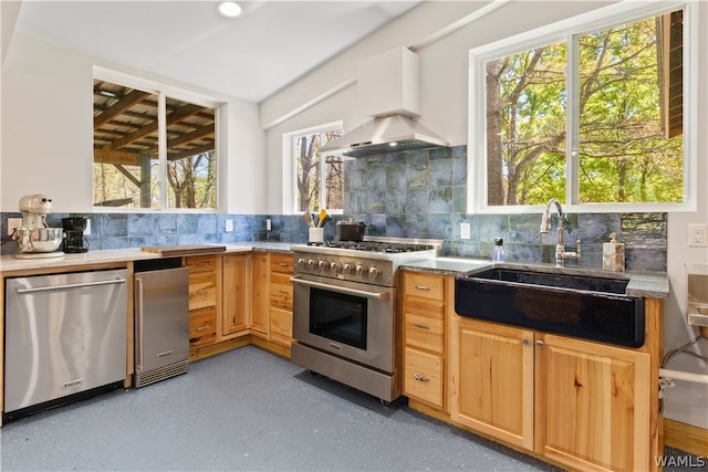 kitchen featuring decorative backsplash, appliances with stainless steel finishes, extractor fan, sink, and plenty of natural light