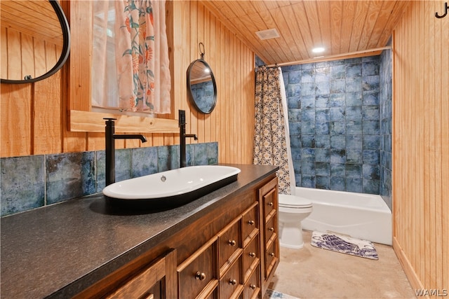 full bathroom featuring wood walls, shower / tub combo with curtain, wooden ceiling, and toilet