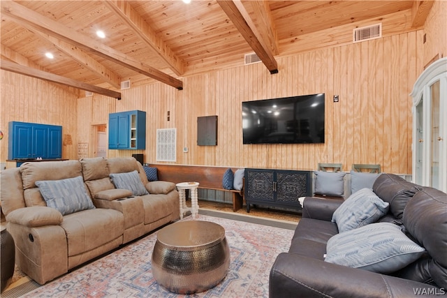 living room with lofted ceiling with beams, wood walls, and wooden ceiling