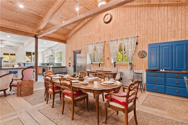 dining room featuring ceiling fan, wooden ceiling, beamed ceiling, high vaulted ceiling, and wooden walls