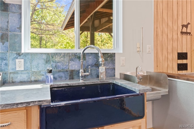 room details featuring backsplash and sink