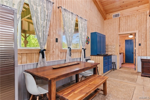 dining room with a healthy amount of sunlight and wood walls