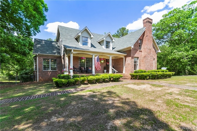 new england style home with covered porch and a front yard