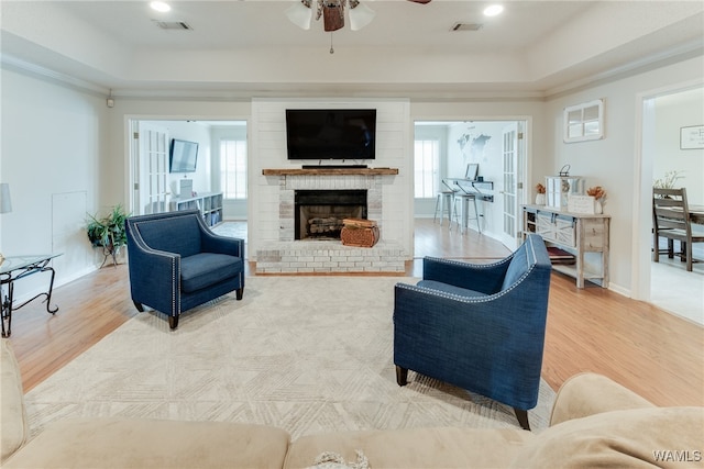 living room with a tray ceiling, plenty of natural light, and wood-type flooring