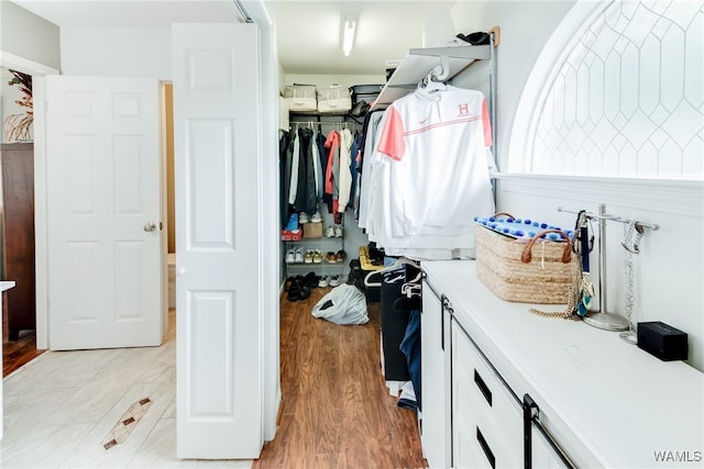 walk in closet featuring light hardwood / wood-style flooring