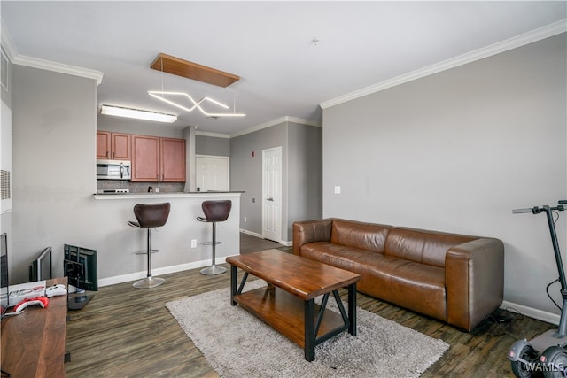 living room with crown molding and dark wood-type flooring