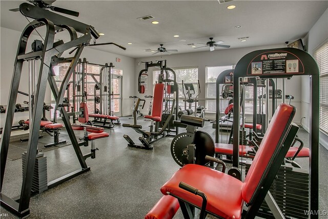 workout area featuring ceiling fan