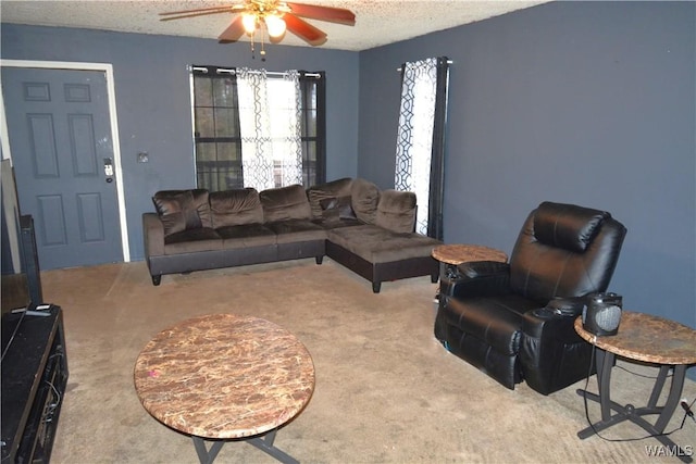 living area with carpet, ceiling fan, and a textured ceiling