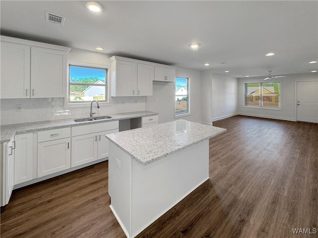 kitchen with white cabinets, light stone countertops, sink, and a kitchen island