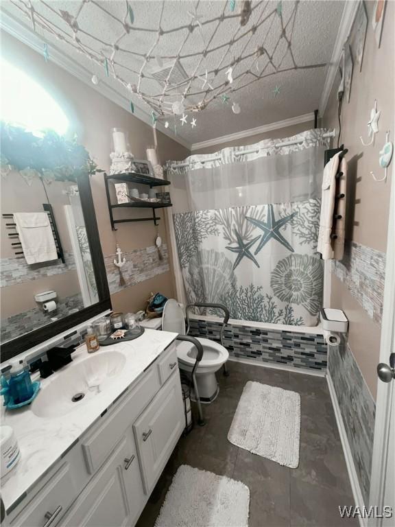 2712 Shady Bank Ln, Northport, AL 35473 - bathroom featuring ornamental molding, vanity, toilet, and curtained shower