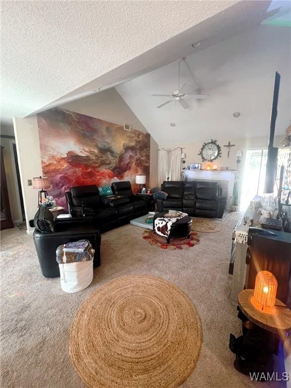 2712 Shady Bank Ln, Northport, AL 35473 - living area featuring a ceiling fan, lofted ceiling, carpet, and a textured ceiling