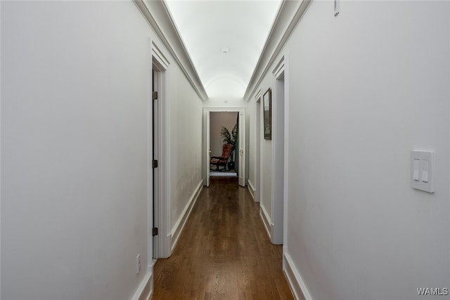 hallway featuring dark wood-type flooring