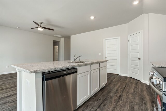 kitchen featuring sink, stainless steel appliances, dark hardwood / wood-style flooring, an island with sink, and white cabinets