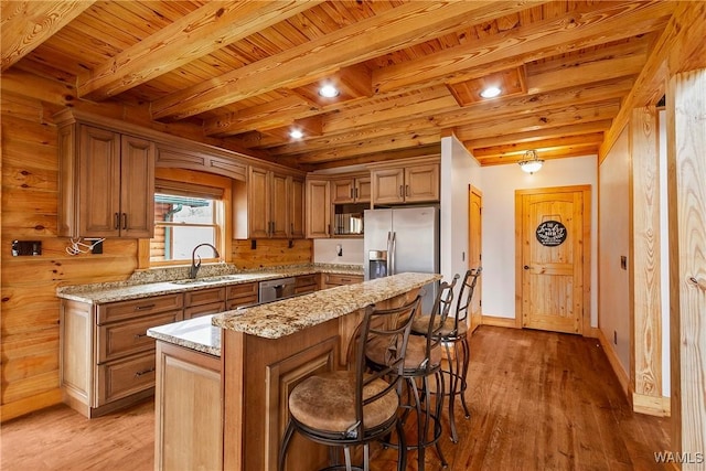 20442 Old Jasper Rd, Northport, AL 35475 - kitchen featuring light wood finished floors, wooden ceiling, stainless steel appliances, and a sink