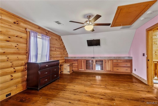 20442 Old Jasper Rd, Northport, AL 35475 - interior space with rustic walls, visible vents, dark wood-type flooring, and attic access