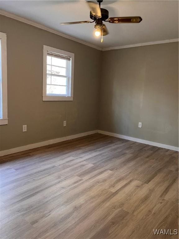 spare room featuring crown molding, ceiling fan, and light hardwood / wood-style floors