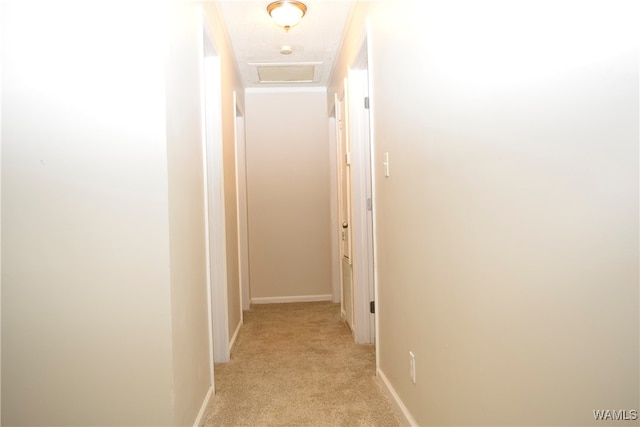 hall featuring light colored carpet